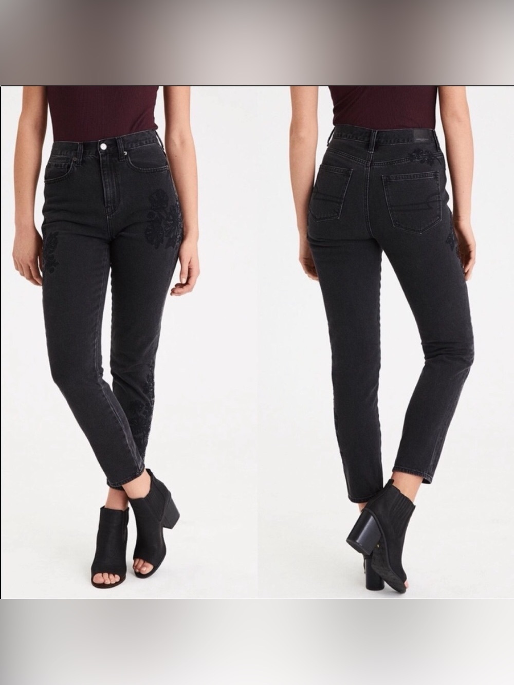 American Eagle Mom Jeans Embroidered Floral Black mid rise size 6
